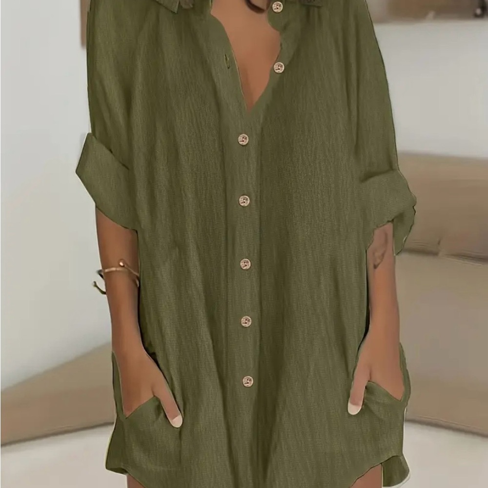 Olive Green Button-Down Shirt Dress - Women